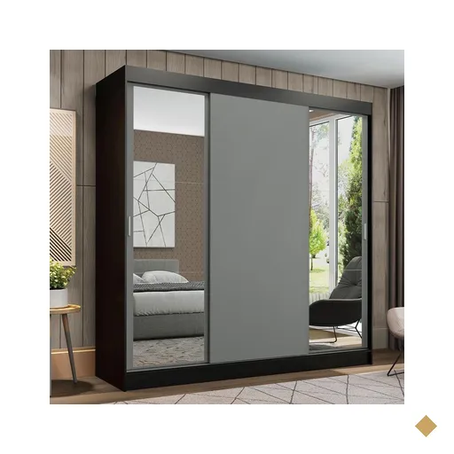Guarda-Roupa Casal Madesa Reno 3 Portas de Correr com Espelhos - Preto/Cinza