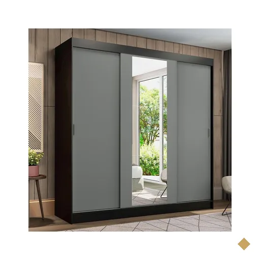 Guarda-Roupa Casal Madesa Reno 3 Portas de Correr com Espelho - Preto/Cinza