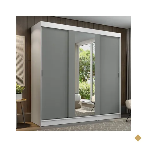 Guarda-Roupa Casal Madesa Reno 3 Portas de Correr com Espelho - Branco/Cinza