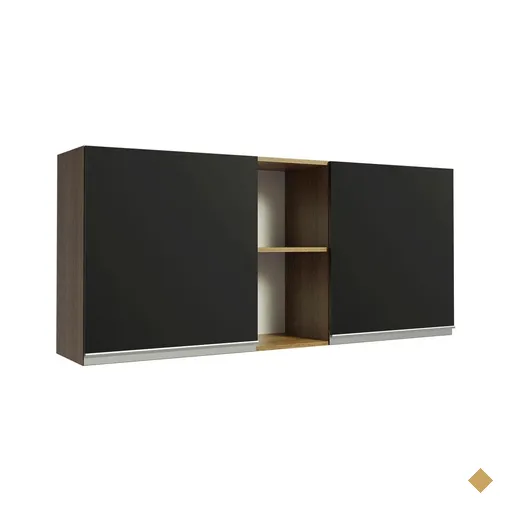 Armário de Cozinha Aéreo 150 cm 2 Portas e 2 Nichos Rustic/Preto Glamy Madesa