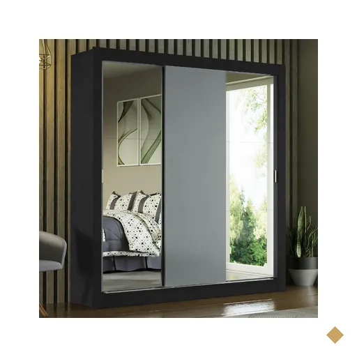 Guarda-Roupa Casal Madesa Mônaco 3 Portas de Correr com Espelhos - Preto/Cinza