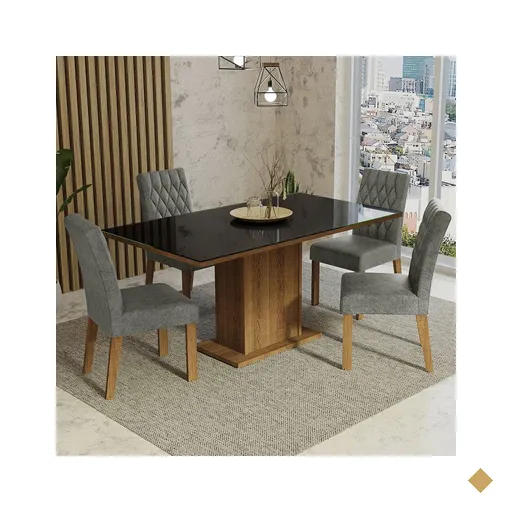 Conjunto Sala de Jantar Mesa Tampo de Vidro 4 Cadeiras Rustic/Preto/Silver…