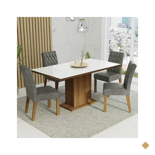 Conjunto Sala de Jantar Mesa Tampo de Vidro 4 Cadeiras Rustic/Branco/Silver…
