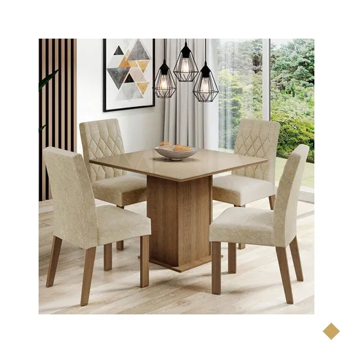 Conjunto Sala de Jantar Mesa Tampo de Vidro 4 Cadeiras Rustic/Crema/Imperial…