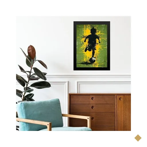 Quadro Arte Criança Jogando Futebol 45x34cm - com Vidro:moldura Preta