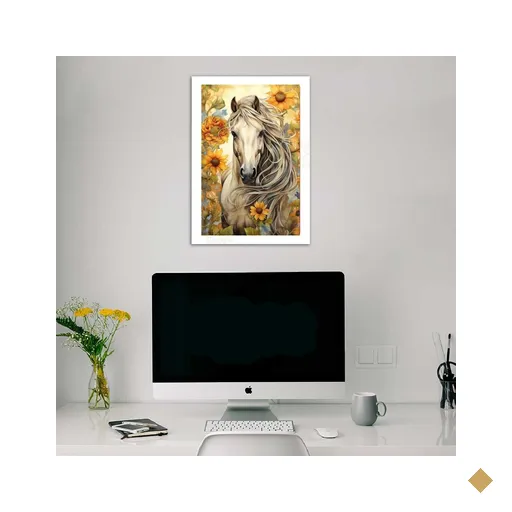 Quadro Cavalo com Girassóis 24x18cm:moldura Branca