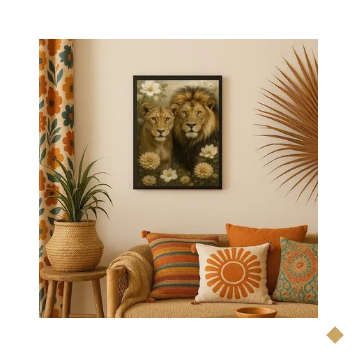 Quadro Arte Leão e Leoa com Flores 33x24cm - com Vidro:moldura Preta