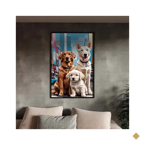 Quadro Decorativo Animais Casal de Cachorros e Um Filhote com Moldura Preto -…