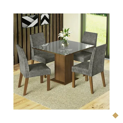 Conjunto Sala de Jantar Mesa Tampo de Vidro 4 Cadeiras Rustic/Cinza/Silver Anne…