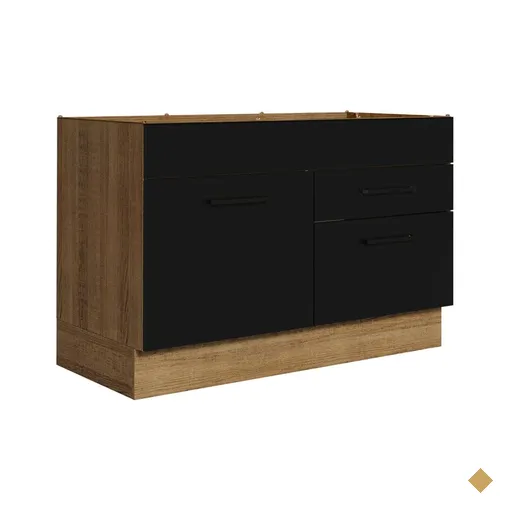 Balcão Gabinete de Pia Cozinha 120 x 60 cm 1 Porta 2 Gavetas Rustic/Preto (Sem…