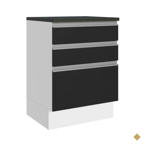 Balcão Armário de Cozinha 100% MDF 60 cm 3 Gavetas Branco/Preto Acordes Madesa