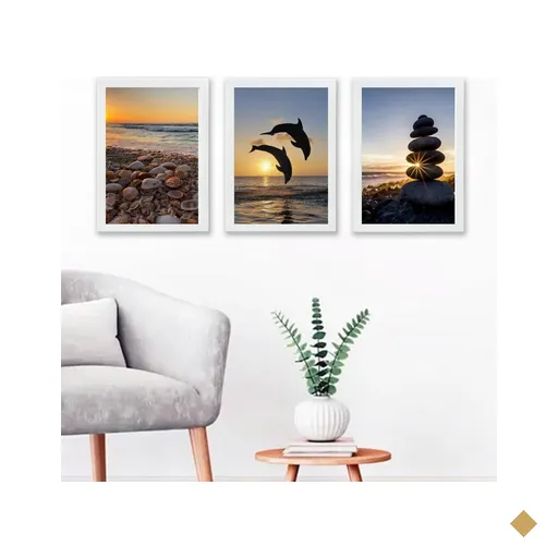 Kit 3 Quadros Fotografia Praia por do Sol Golfinhos 33x24cm - com Vidro:madeira…