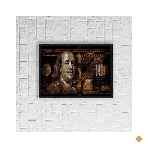 Quadro Decorativo Nota De Dólar Dourada 33x24cm - com vidro:Madeira branca
