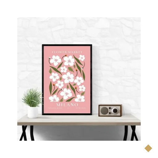 Quadro Flower Market Milão Rosa 45x34cm - com Vidro:moldura Preta