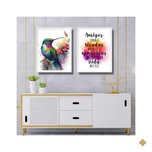 Kit 2 Quadros Amizade Beija-flor 33x24cm:moldura Preta