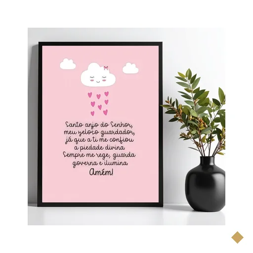 Quadro Infantil Santo Anjo - Nuvenzinha Rosa 24x18cm - com Vidro:moldura Branca