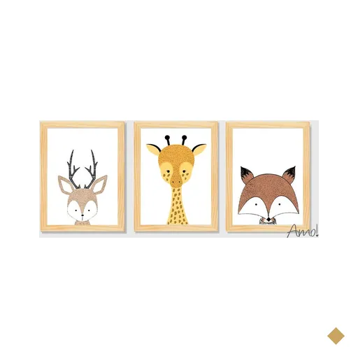 Quadro para quarto de bebê Safari Animais Escandinavos Floresta - Madeira…