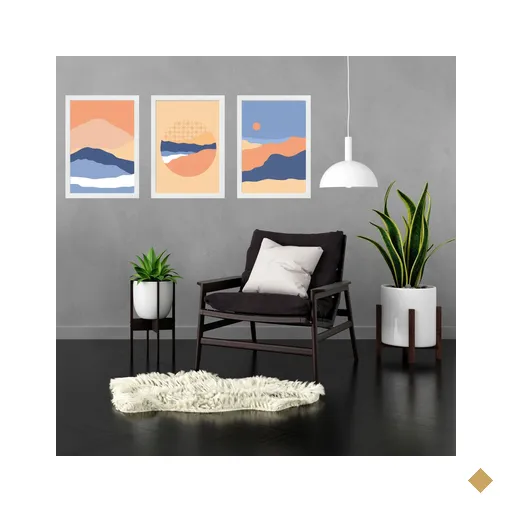 Kit 3 Quadros Paisagens Abstratas Montanhas Boho 45x34cm:moldura Branca