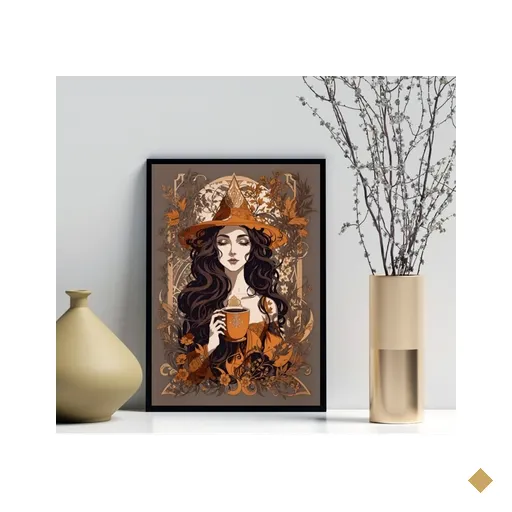 Quadro Decorativo Bruxa - Café 33x24cm - com Vidro:moldura Preta