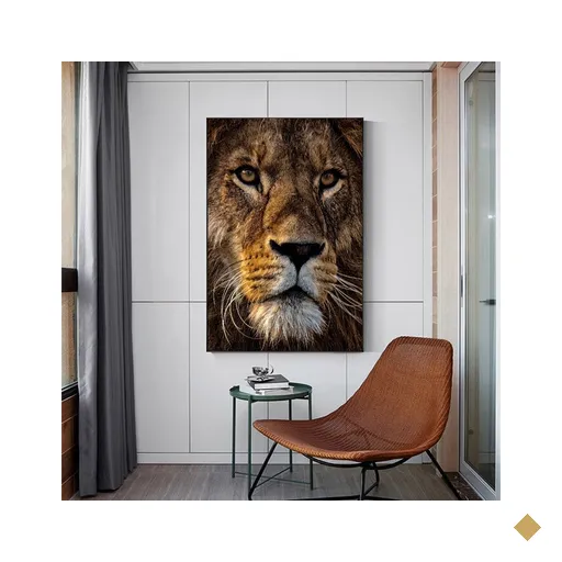 Quadro Leão Luxo Fosco Vertical - Tela Única - 200 x 120 cm - Dourada