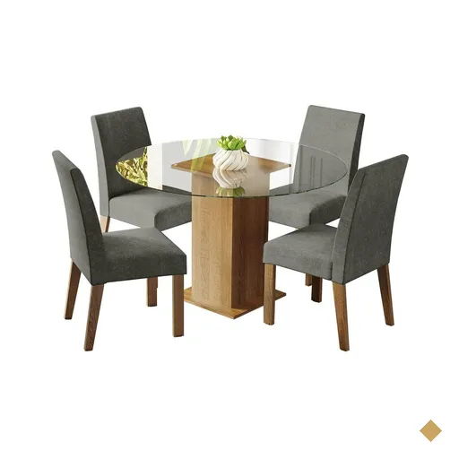 Conjunto Sala de Jantar Mesa Tampo de Vidro Redondo 4 Cadeiras Rustic/Silver…