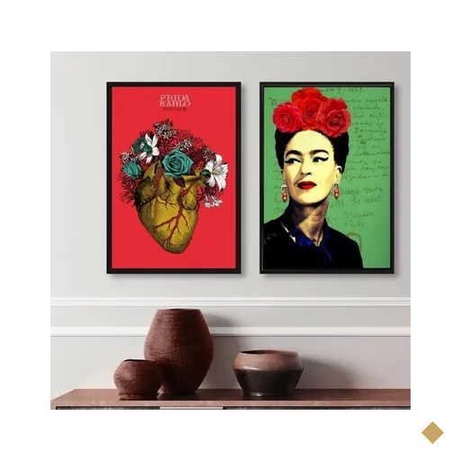 Kit 2 Quadros Decorativos Frida- Coração 45x34cm - com Vidro:madeira Branca