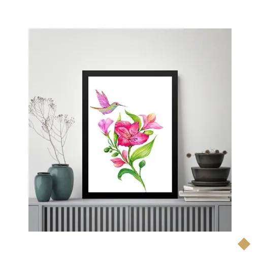 Quadro Pássaro Beija-flor Rosa 33x24cm - com Vidro:moldura Branca