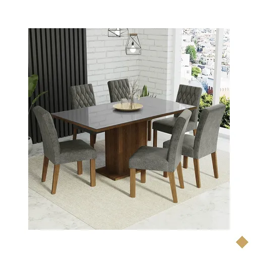 Conjunto Sala de Jantar Mesa Tampo de Vidro 6 Cadeiras Rustic/Cinza/Silver…