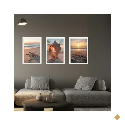 Kit 3 Quadros Praia por do Sol Conchas Tartaruga 33x24cm - com Vidro:moldura…