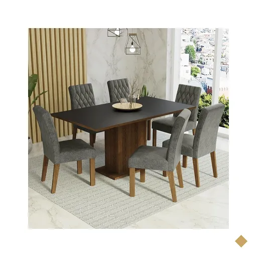 Conjunto Sala de Jantar Mesa Tampo de Madeira 6 Cadeiras Rustic/Preto/Silver…