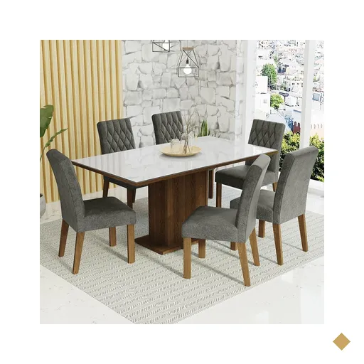 Conjunto Sala de Jantar Mesa Tampo de Vidro 6 Cadeiras Rustic/Branco/Silver…