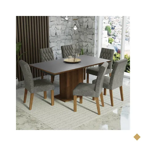 Conjunto Sala de Jantar Mesa Tampo de Madeira 6 Cadeiras Rustic/Cinza/Silver…