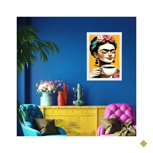 Quadro Frida Tomando Café 33x24cm - com Vidro:madeira Branca