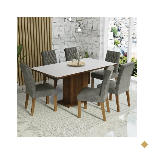 Conjunto Sala de Jantar Mesa Tampo de Madeira 6 Cadeiras Rustic/Branco/Silver…