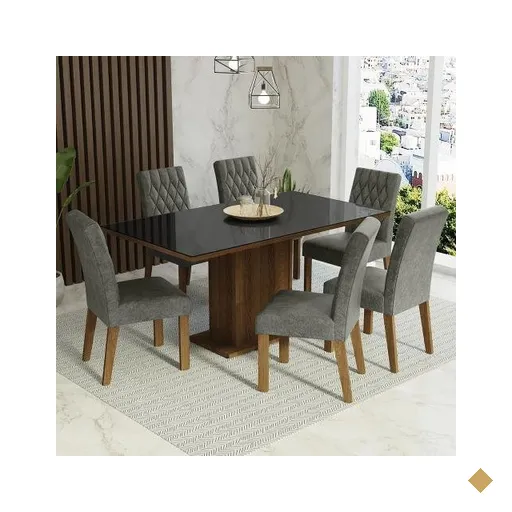 Conjunto Sala de Jantar Mesa Tampo de Vidro 6 Cadeiras Rustic/Preto/Silver…