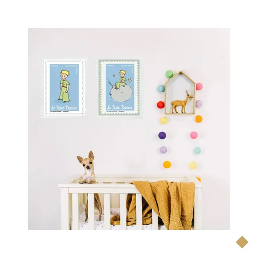 Kit 2 Quadros Pequeno Príncipe Azul - Selos 33x24cm - com Vidro:moldura Branca