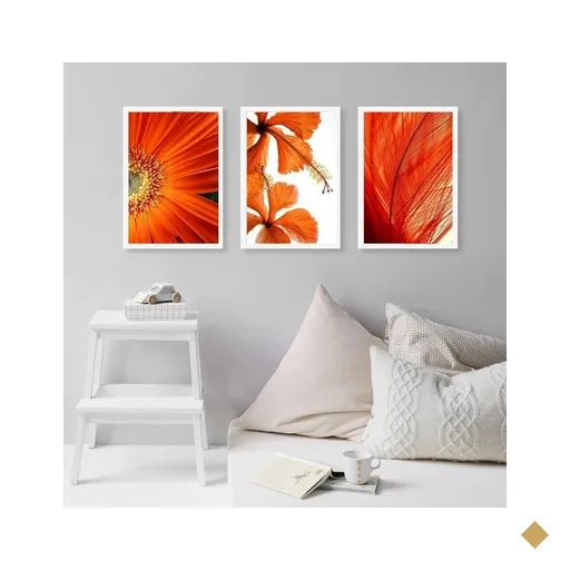 Kit 3 Quadros Decorativos Modernos Flores Laranjas 45x34cm - com Vidro:madeira…