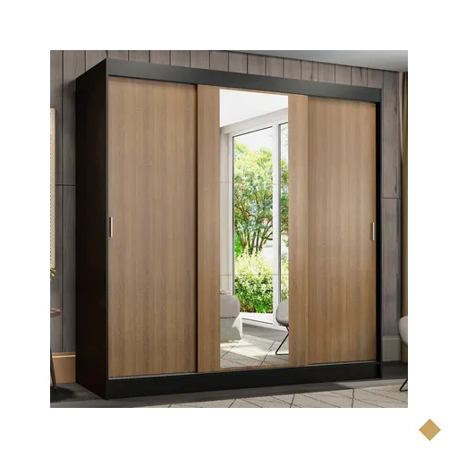 Guarda-Roupa Casal Madesa Reno 3 Portas de Correr com Espelho - Preto/Rustic