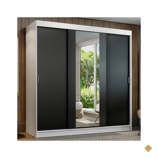 Guarda-Roupa Casal Madesa Reno 3 Portas de Correr com Espelho - Branco/Preto