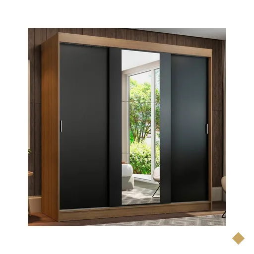 Guarda-Roupa Casal Madesa Reno 3 Portas de Correr com Espelho - Rustic/Preto