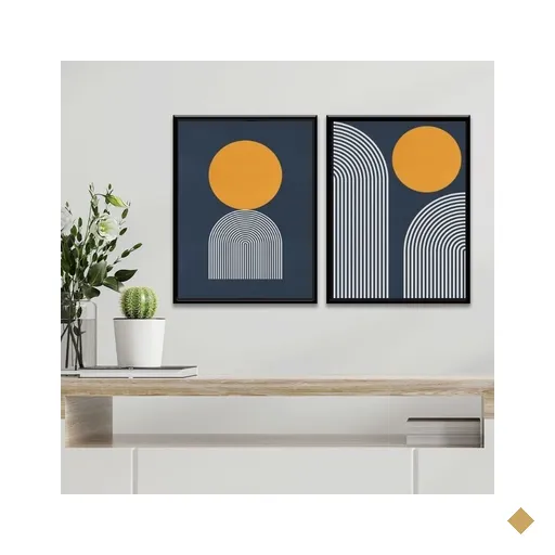 Kit 2 Quadros Minimalistas Abstratos Azul e Amarelo 45x34cm:madeira Preta