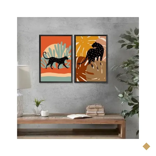 Kit 2 Quadros Decorativos Boho - Leopardos 33x24cm - com Vidro:moldura Preta