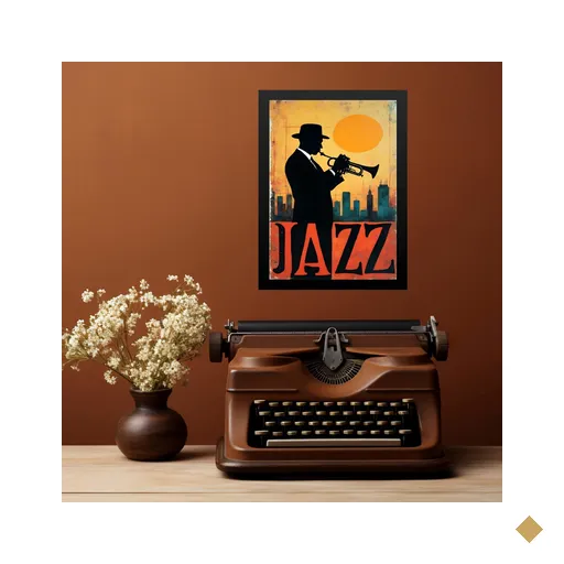 Quadro Músico Jazz - Homem com Trompete 45x34cm - com Vidro:moldura Preta