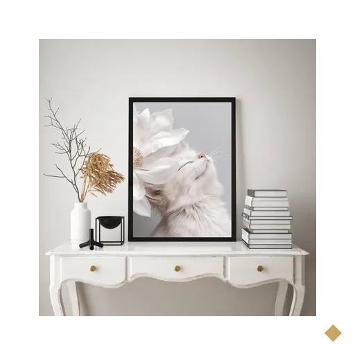 Quadro Decorativo Gatinho Branco Flor Branca 24x18cm - com Vidro:moldura Preta