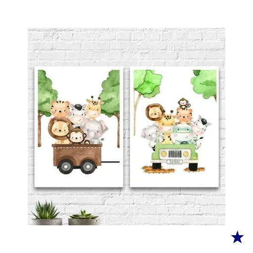 Kit 2 Quadros Bichinhos Safari 45x34cm - com vidro:Madeira branca