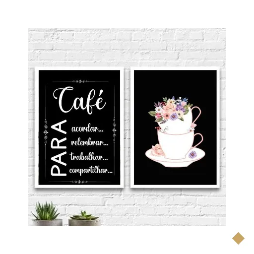 Kit 2 Quadros Cantinho Do Café Xícaras Flores 33x24cm:Madeira preta