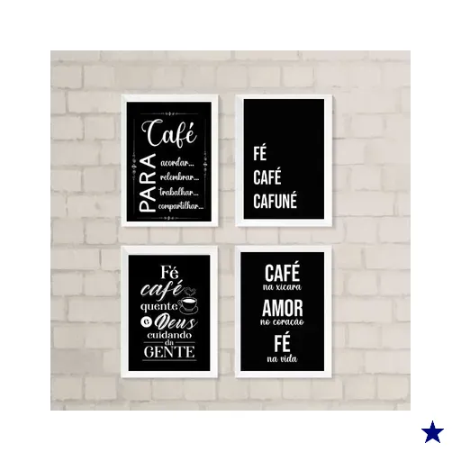 Kit 4 Quadros Cantinho do Café com fé 45x34cm - com Vidro:madeira Preta