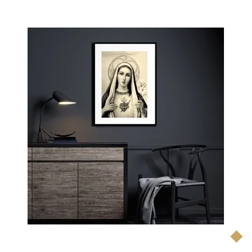 Quadro Sagrado Coração de Maria Preto e Branco - 60x48cm:madeira Preta