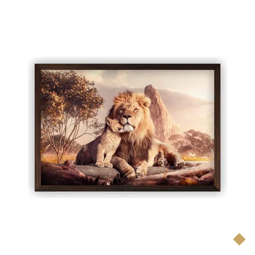 Quadro Decorativo com Moldura e Vidro Leão Pai e Filho