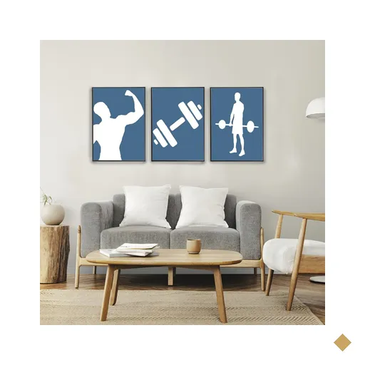 Quadro Decorativo Musculação Minimalista em 3 Telas com Moldura Filete